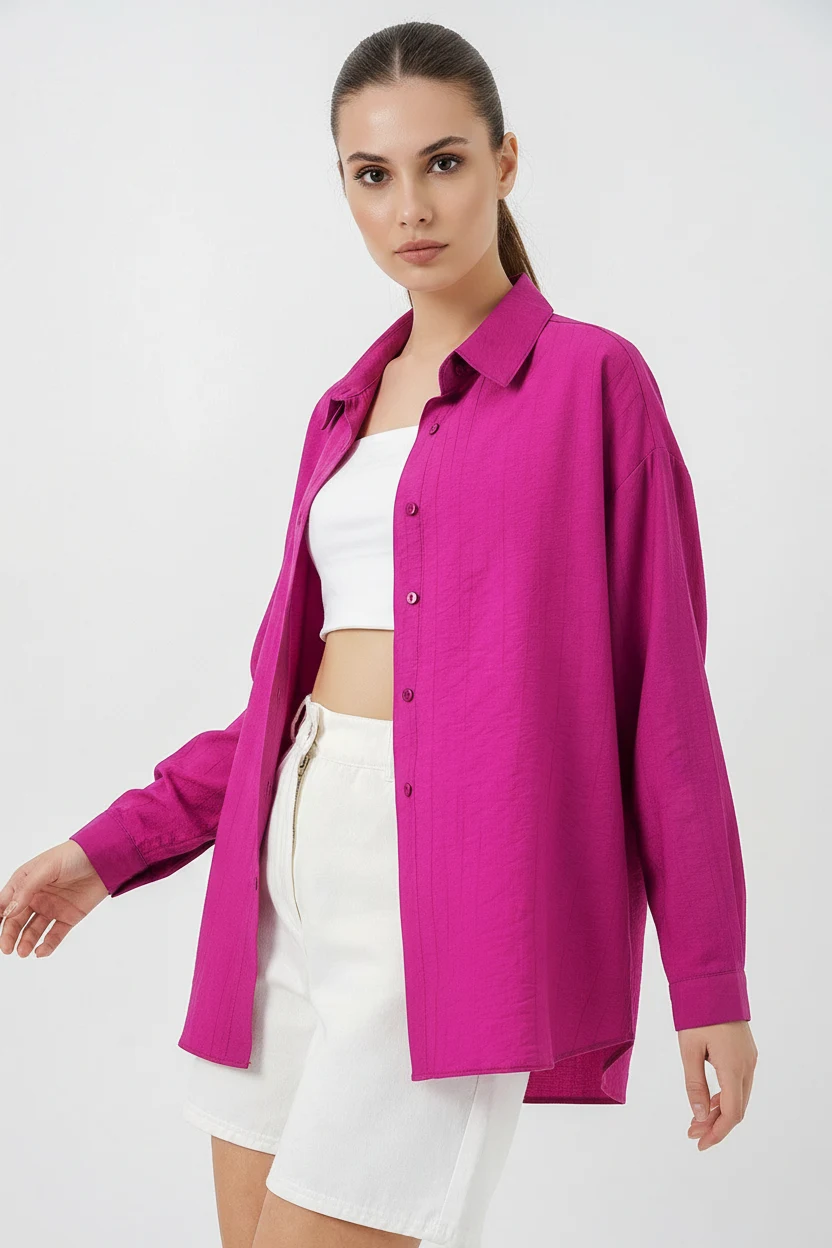  Kadın Oversize Pamuklu Koyu Pembe Gömlek 