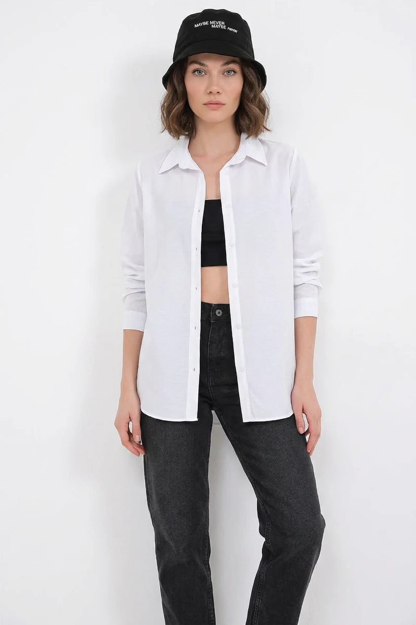  Kadın Oversize Basic Pamuklu Beyaz Gömlek 