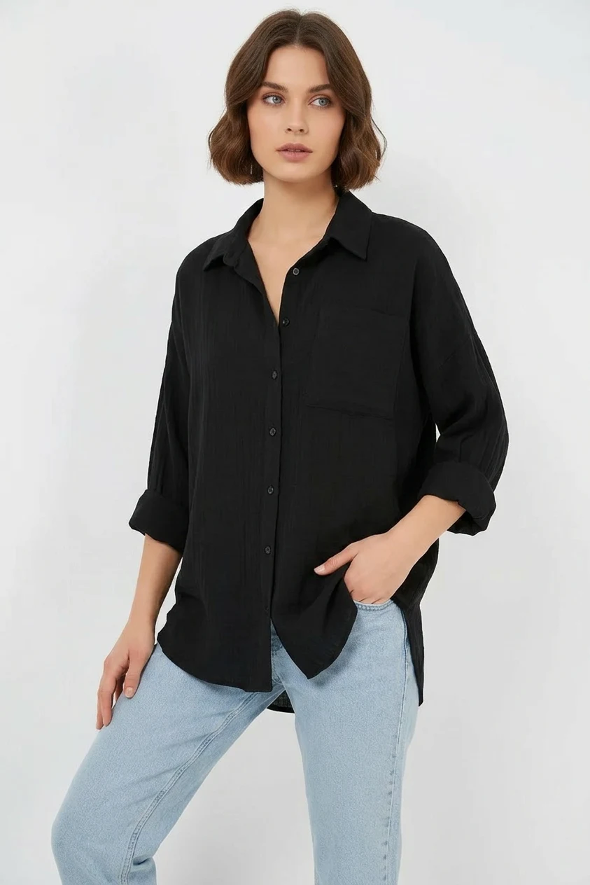 Kadın Oversize Tek Cepli Viskon Siyah Gömlek 