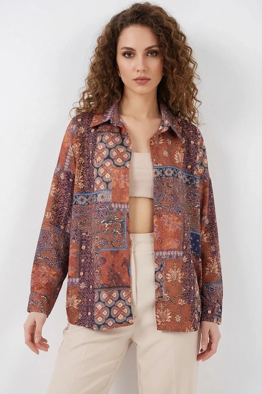  Kadın Oversize Desenli Saten Kiremit Gömlek 