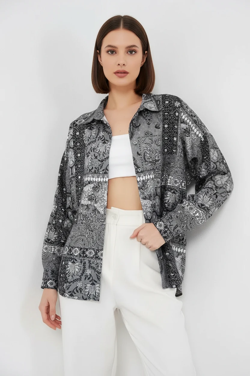  Kadın Oversize Desenli Saten Antrasit Gömlek 