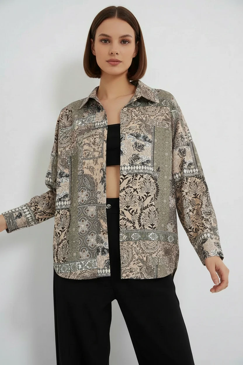  Kadın Oversize Desenli Saten Çağla Yeşili Gömlek 