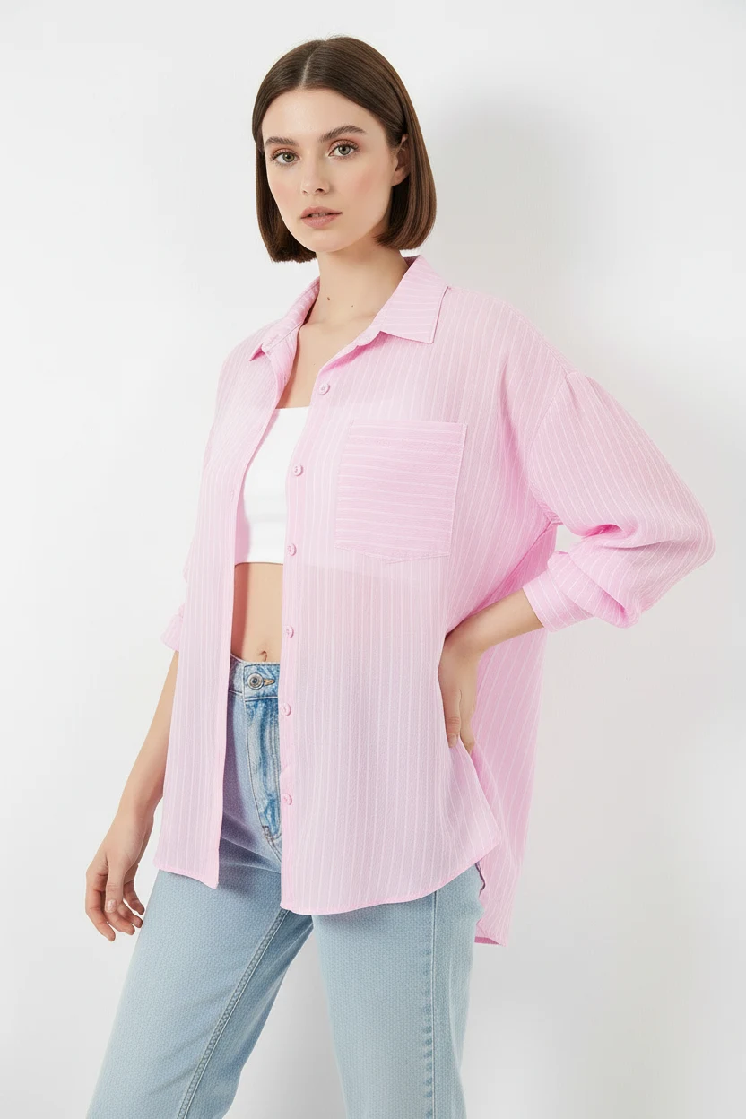  Kadın Oversize Tek Cepli Çizgili Viskon Pembe Gömlek 