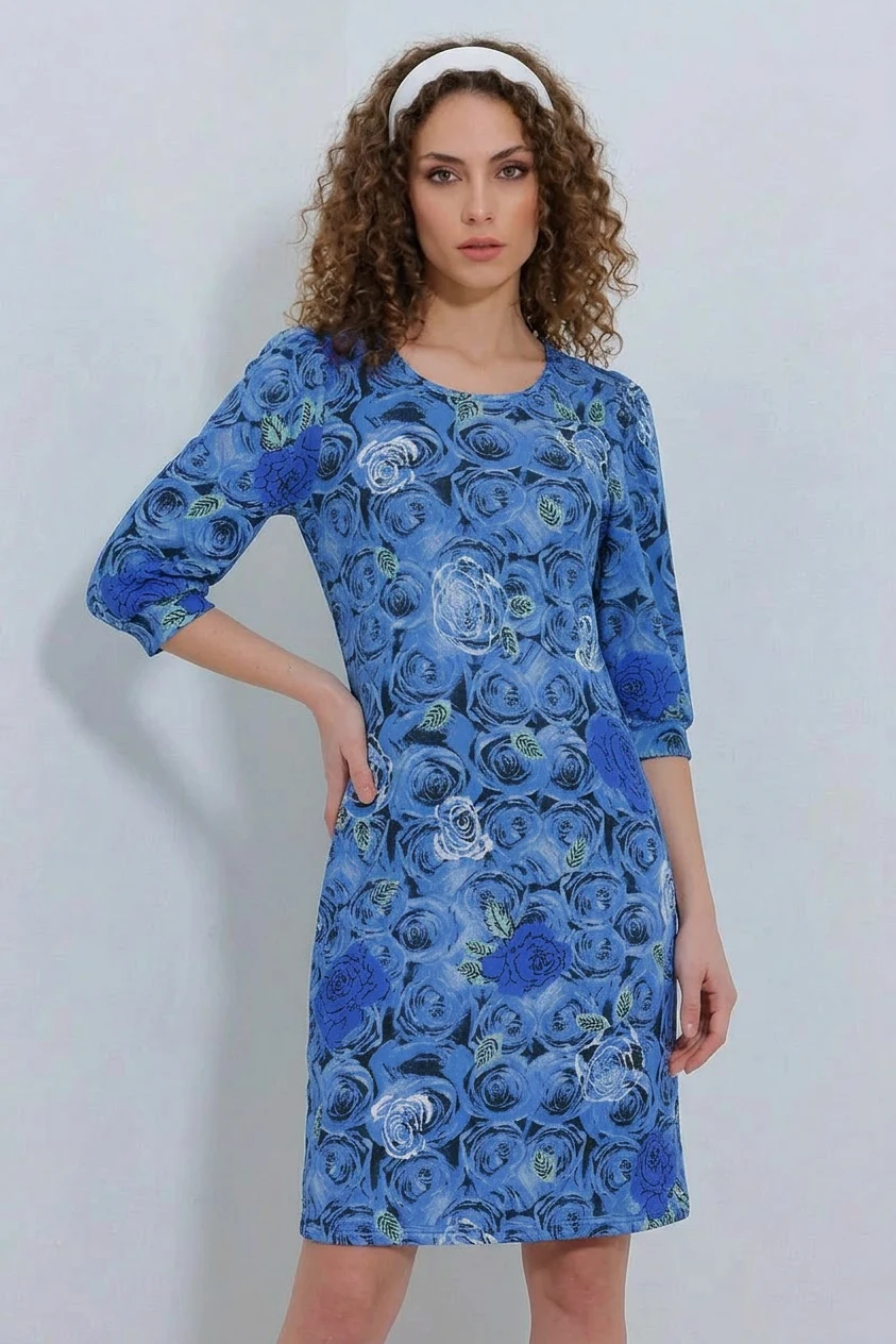  Kadın Yuvarlak Yaka Çiçek Desenli Saks Elbise 