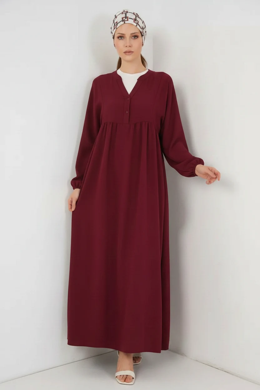  Kadın V Yaka Beli Büzgülü Bordo Tesettür Elbise 