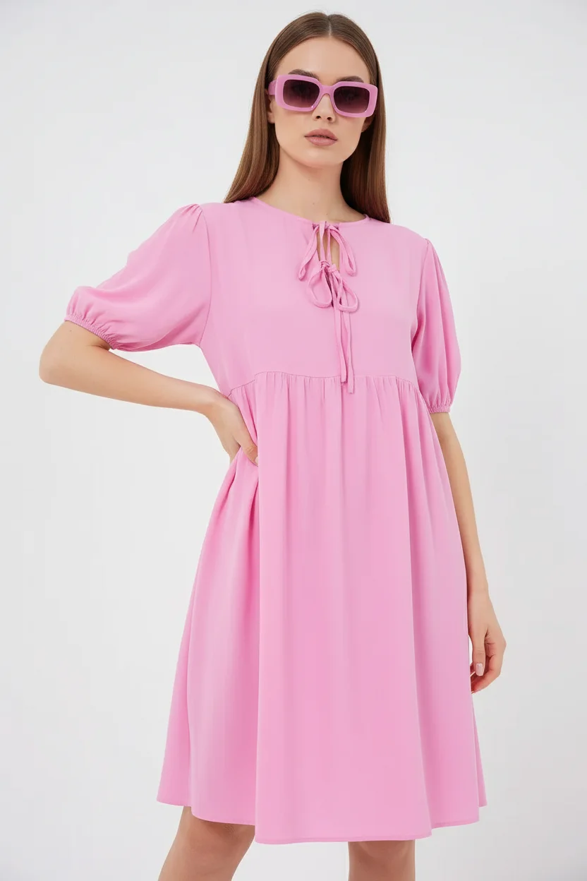  Kadın Yuvarlak Yaka Beli Büzgülü Kısa Kol Viskon Pembe Elbise 