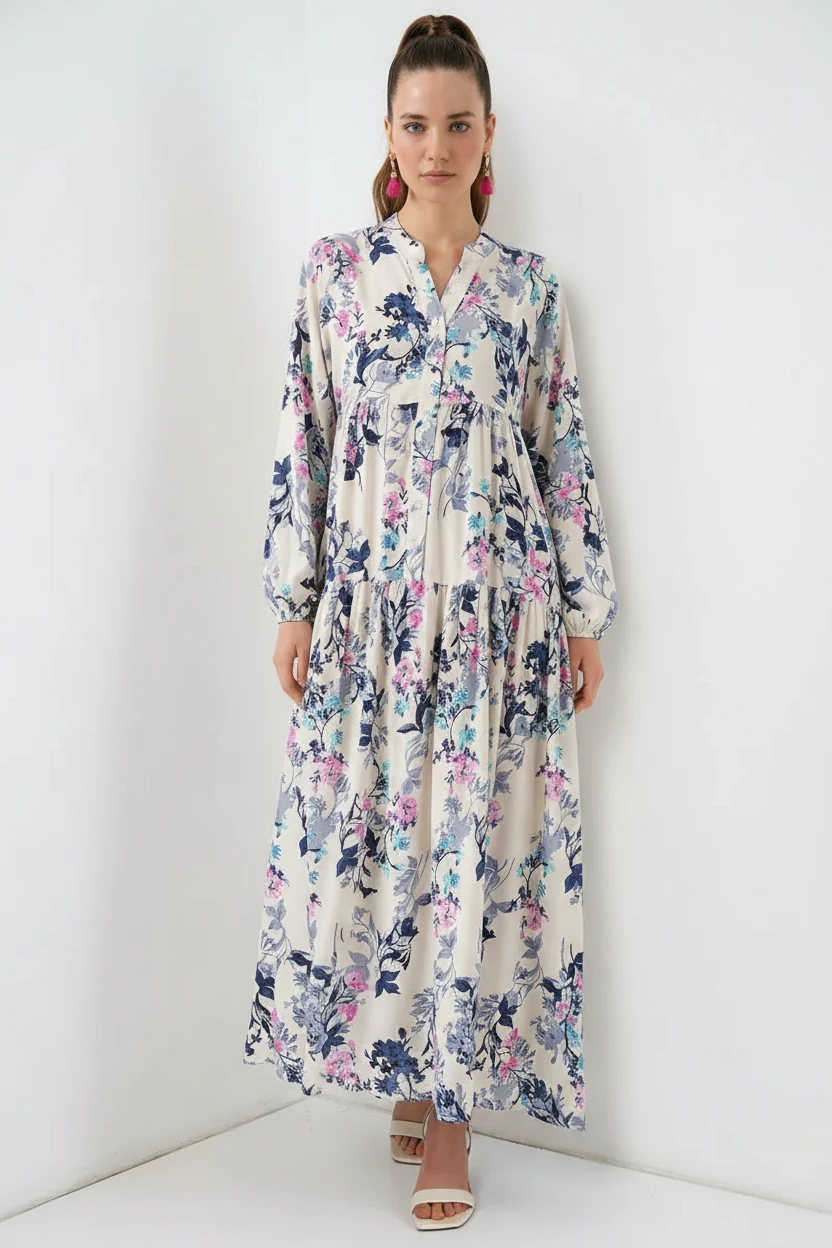  Kadın Gömlek Yaka Beli Büzgülü Çiçek Desenli Viskon Z.Lacivert Tesettür Elbise 