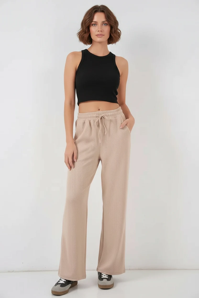  Kadın Beli İpli Fitilli Bej Pantolon 