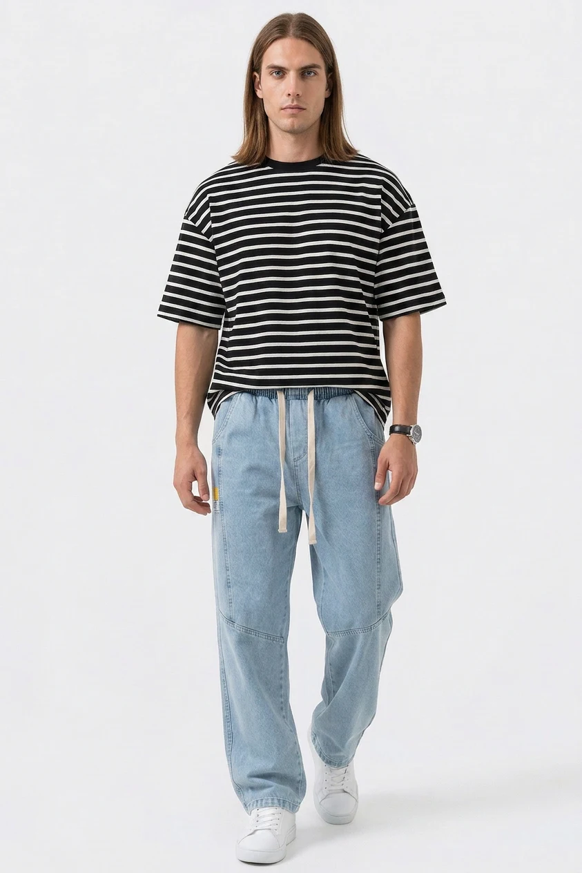  Erkek Rahat Kesim Denim Mavi Pantolon 