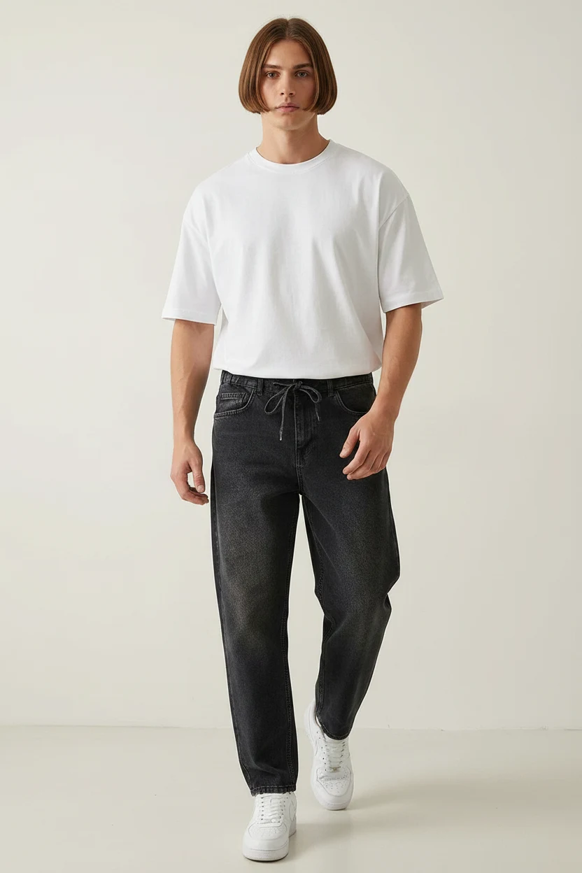  Erkek Rahat Kesim Baggy Denim Siyah Pantolon 