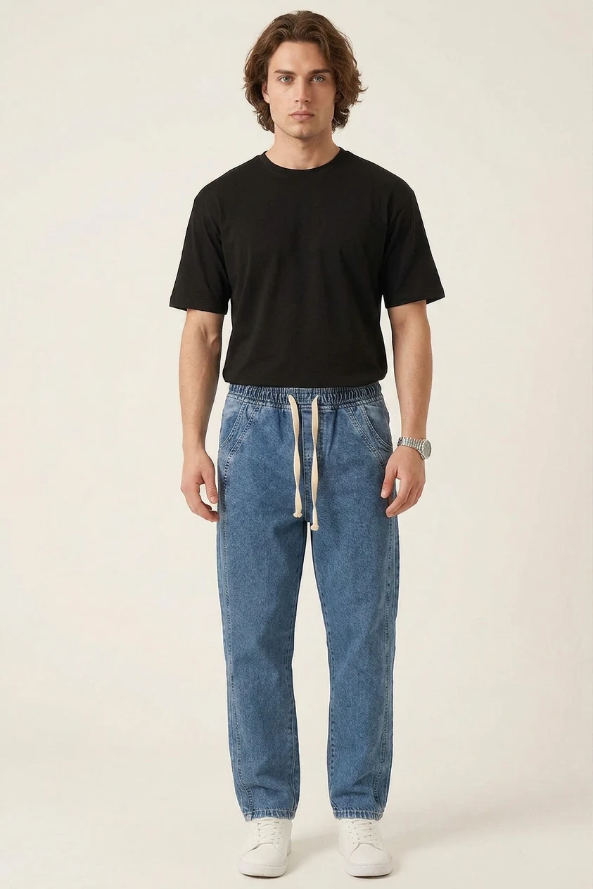  Erkek Rahat Kesim Baggy Denim İndigo Pantolon 