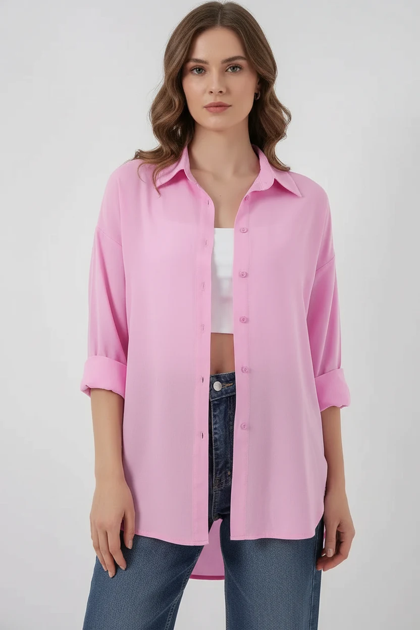  Kadın Oversize Viskon Pembe Gömlek 