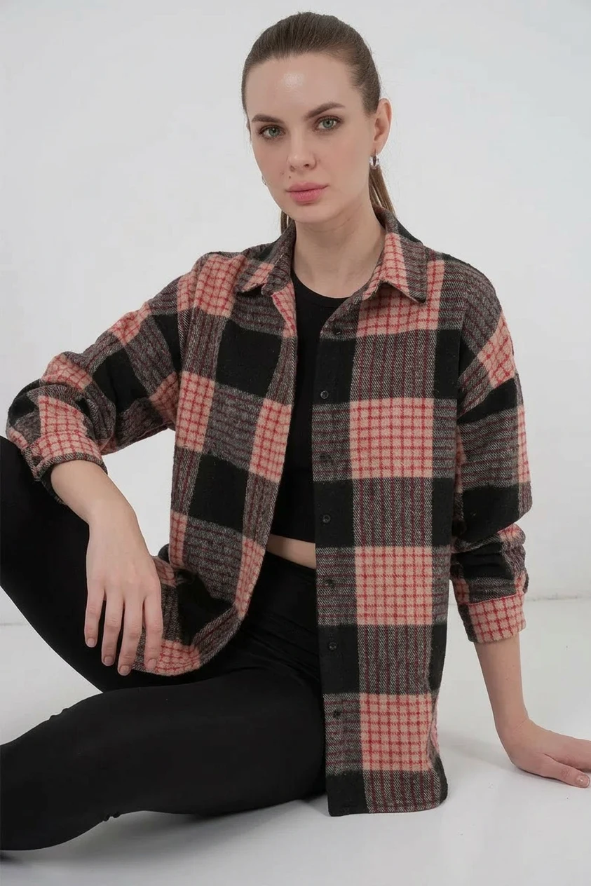  Kadın Oversize Ekose Desenli Pamuklu A.Pudra Gömlek 