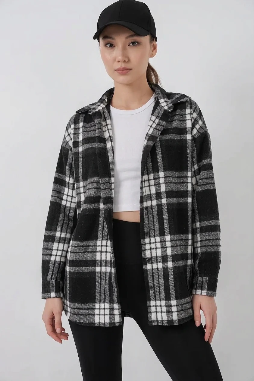  Kadın Oversize Ekose Desenli Pamuklu Siyah Gömlek 