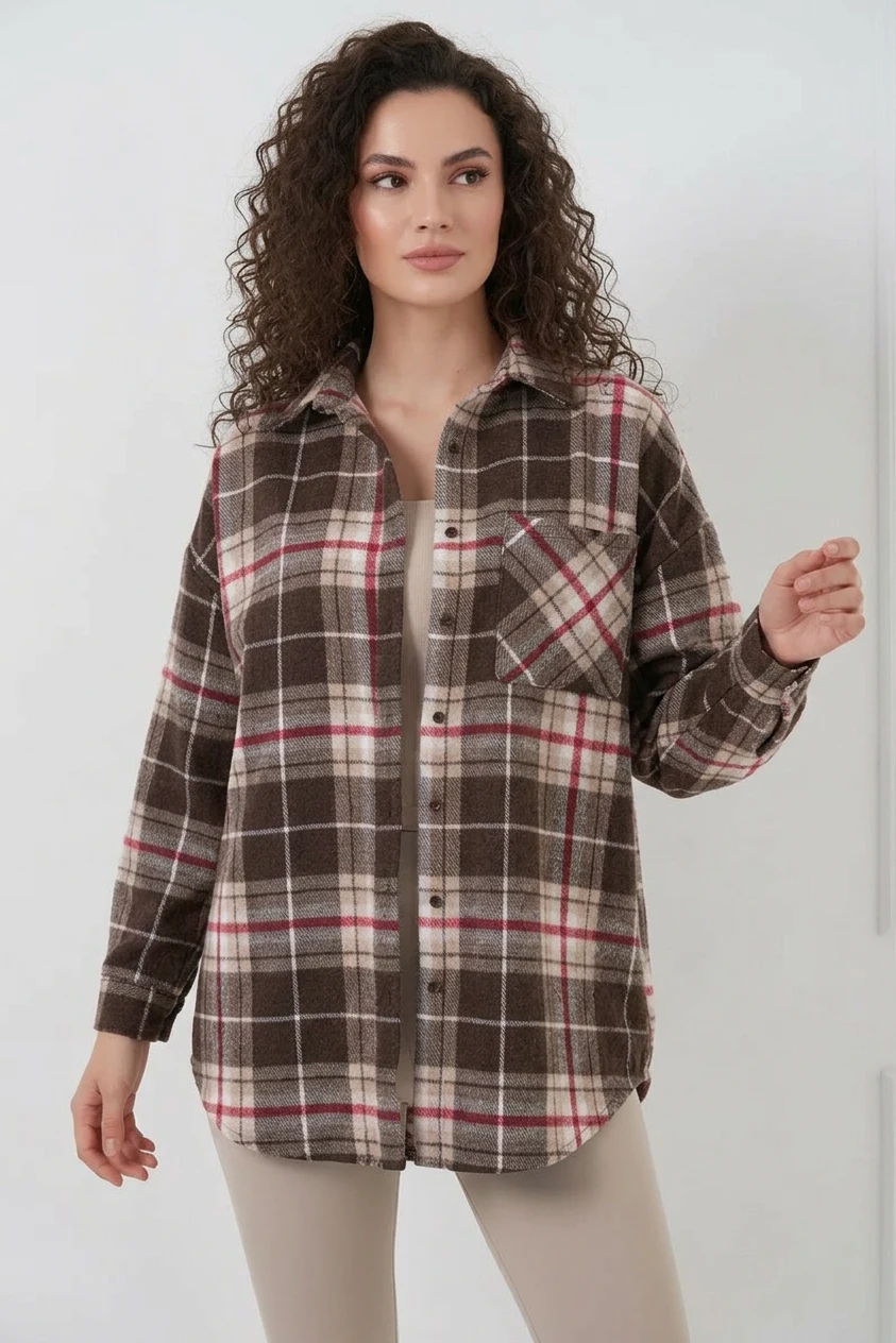  Kadın Oversize Ekose Desenli Pamuklu Vizon Gömlek 