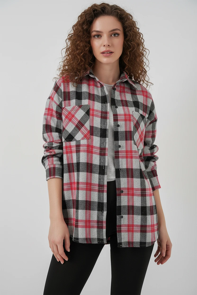  Kadın Oversize Ekose Desenli Pamuklu Nar Gömlek 