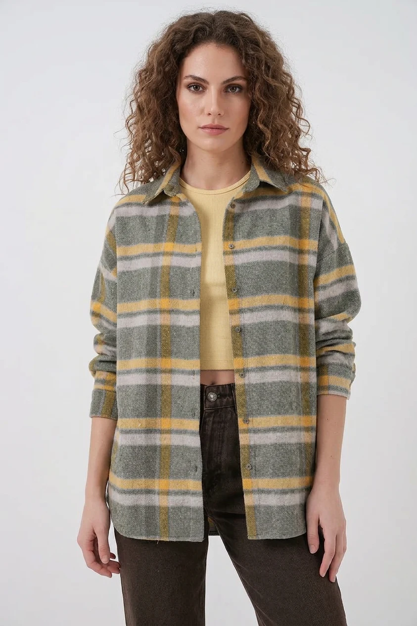  Kadın Oversize Ekose Desenli Pamuklu E.Yeşil Gömlek 