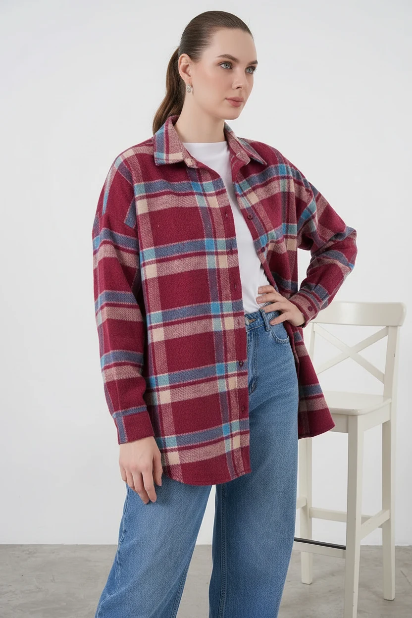  Kadın Oversize Ekose Desenli Pamuklu A.Kiremit Gömlek 