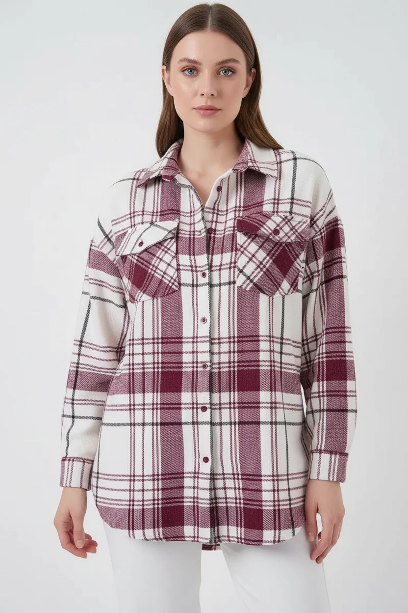  Kadın Oversize Ekose Desen Pamuklu Koyu Pembe Gömlek 