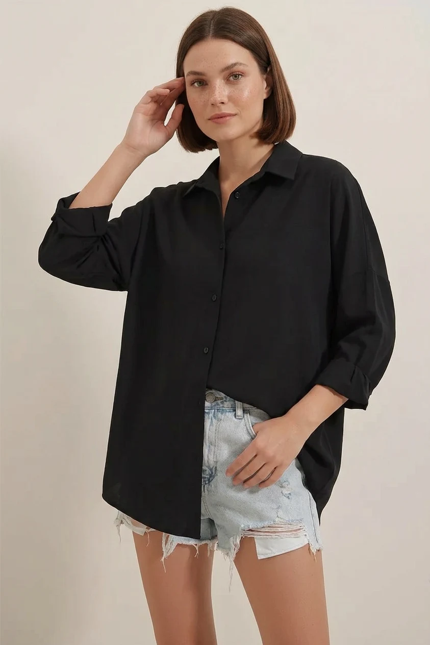  Kadın Oversize Basic Pamuklu Siyah Gömlek 
