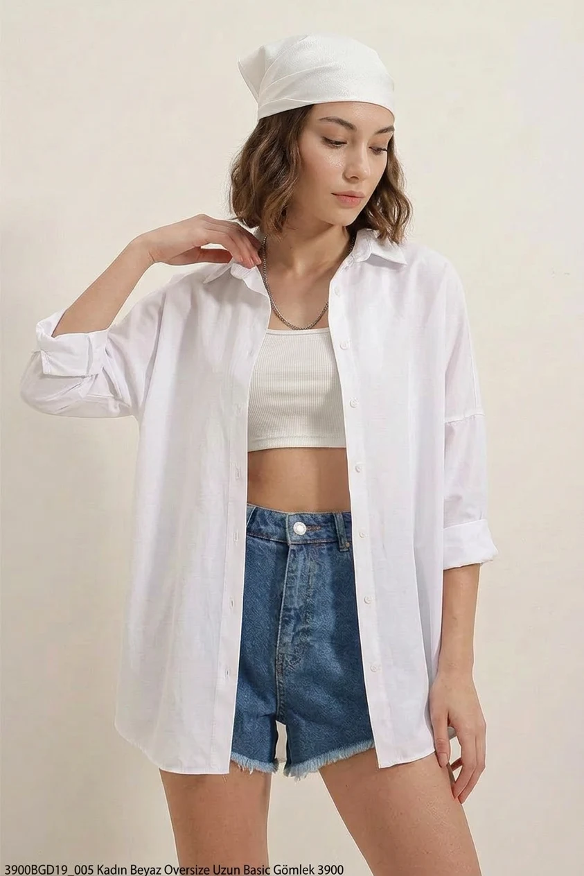  Kadın Oversize Basic Pamuklu Beyaz Gömlek 
