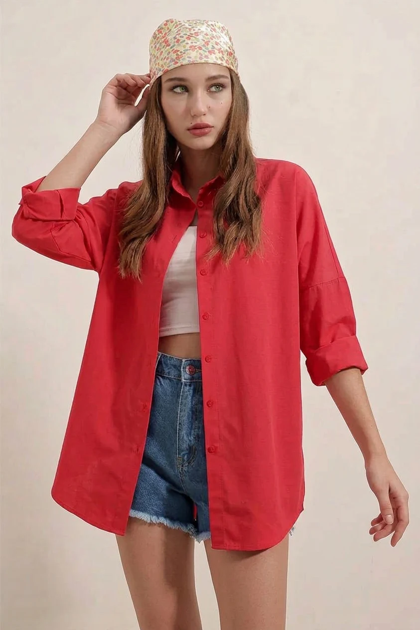  Kadın Oversize Basic Pamuklu Kırmızı Gömlek 
