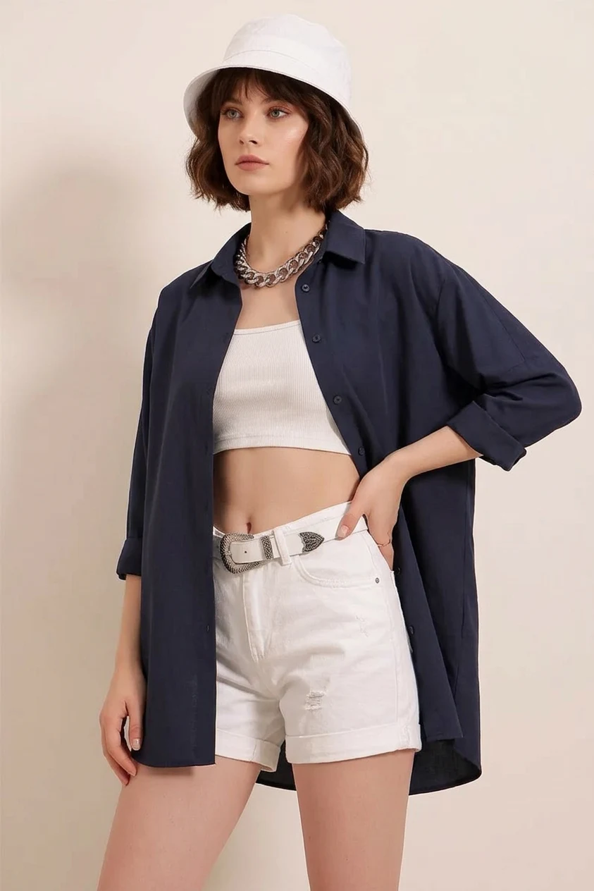  Kadın Oversize Basic Pamuklu Lacivert Gömlek 