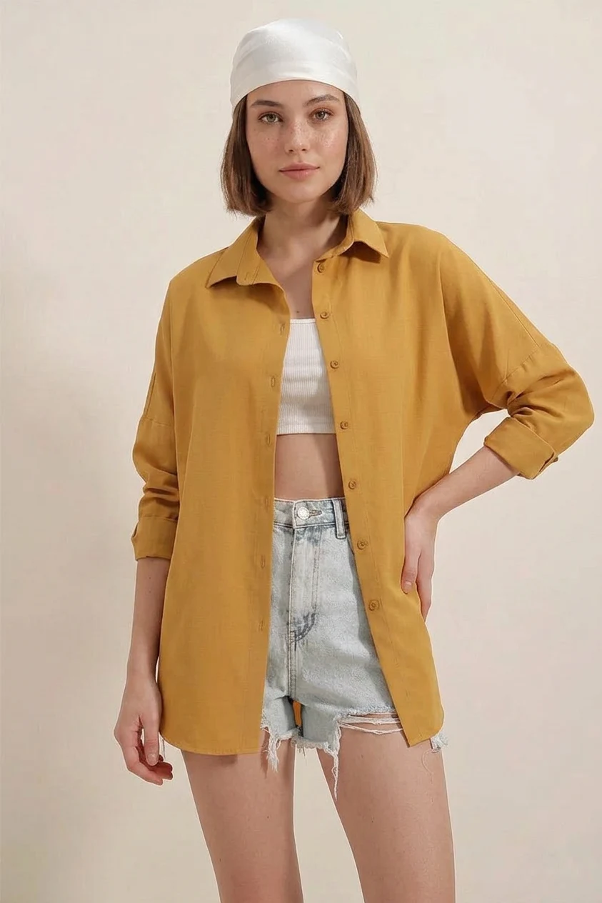  Kadın Oversize Basic Pamuklu Hardal Gömlek 
