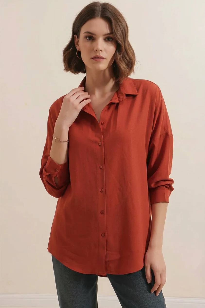  Kadın Oversize Basic Pamuklu Kiremit Gömlek 