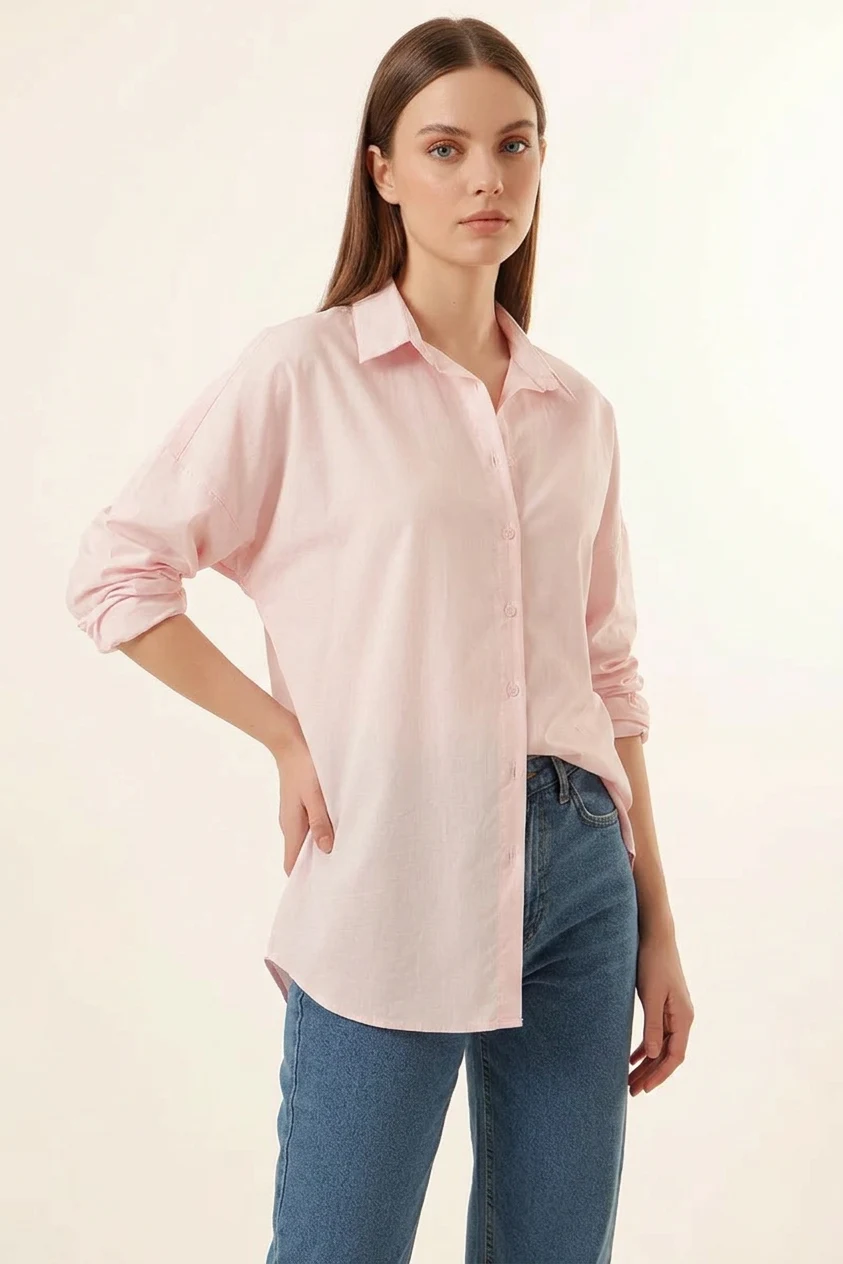  Kadın Oversize Basic Pamuklu Pudra Gömlek 