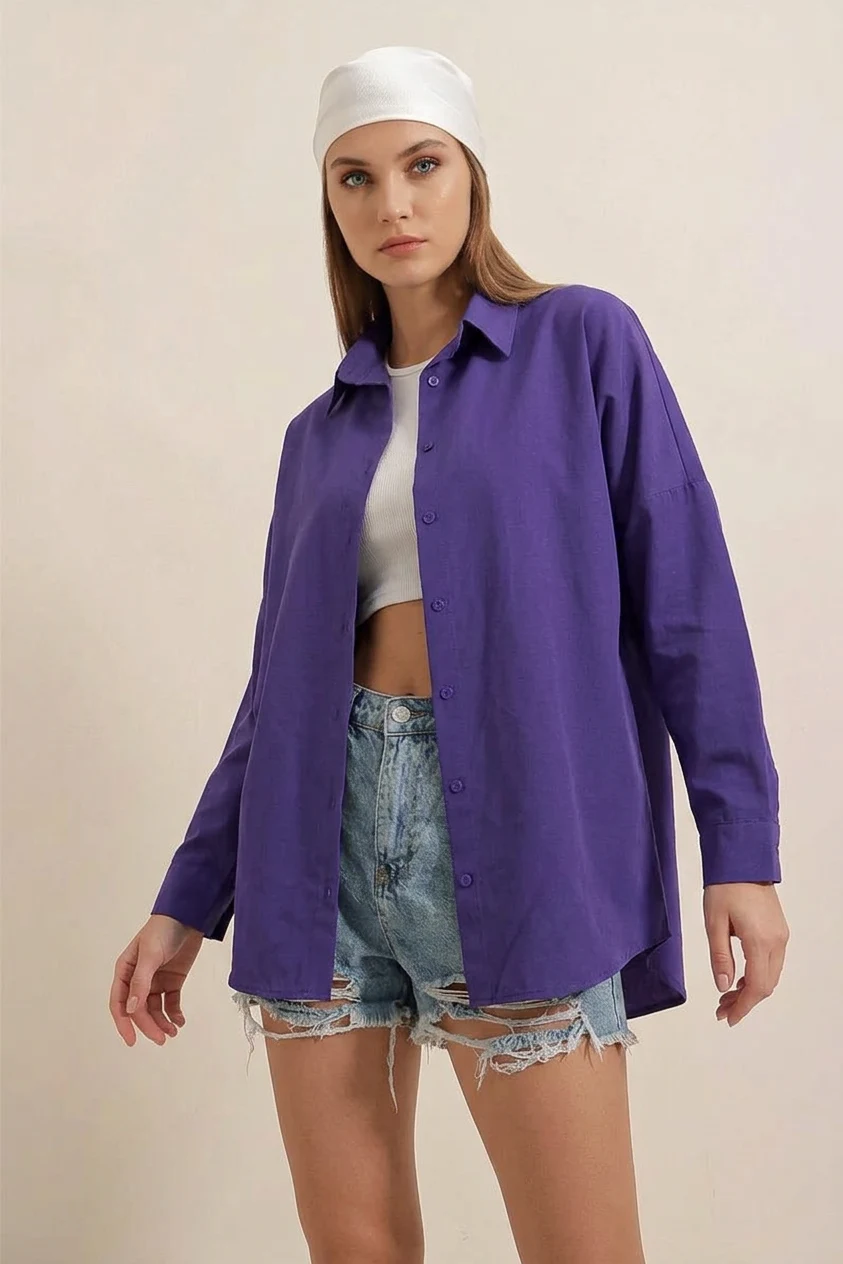 Kadın Oversize Basic Pamuklu Mor Gömlek 