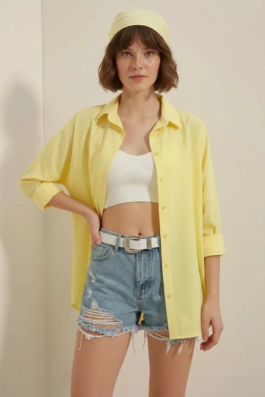 Kadın Oversize Basic Pamuklu Sarı Gömlek 