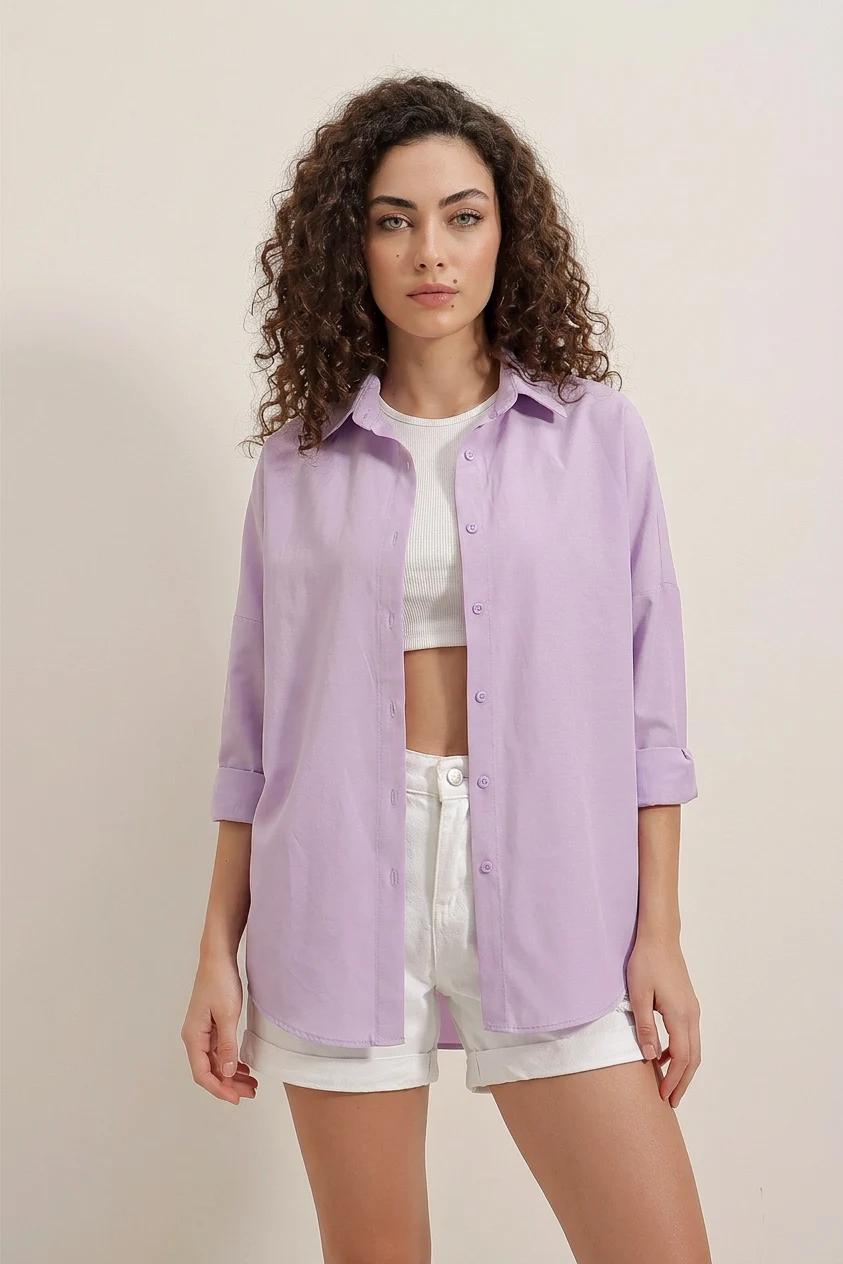  Kadın Oversize Basic Pamuklu Lila Gömlek 