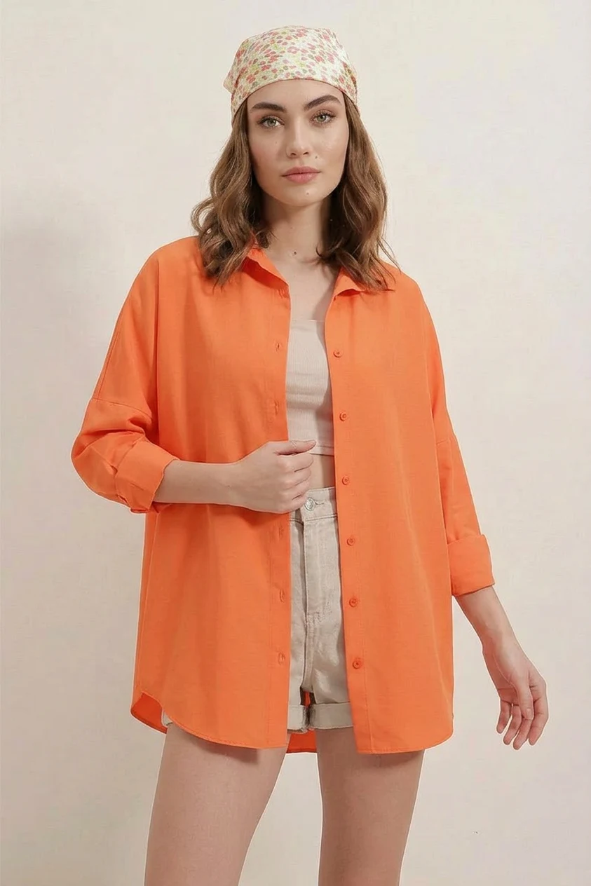  Kadın Basic Oversize Pamuklu Turuncu Gömlek 