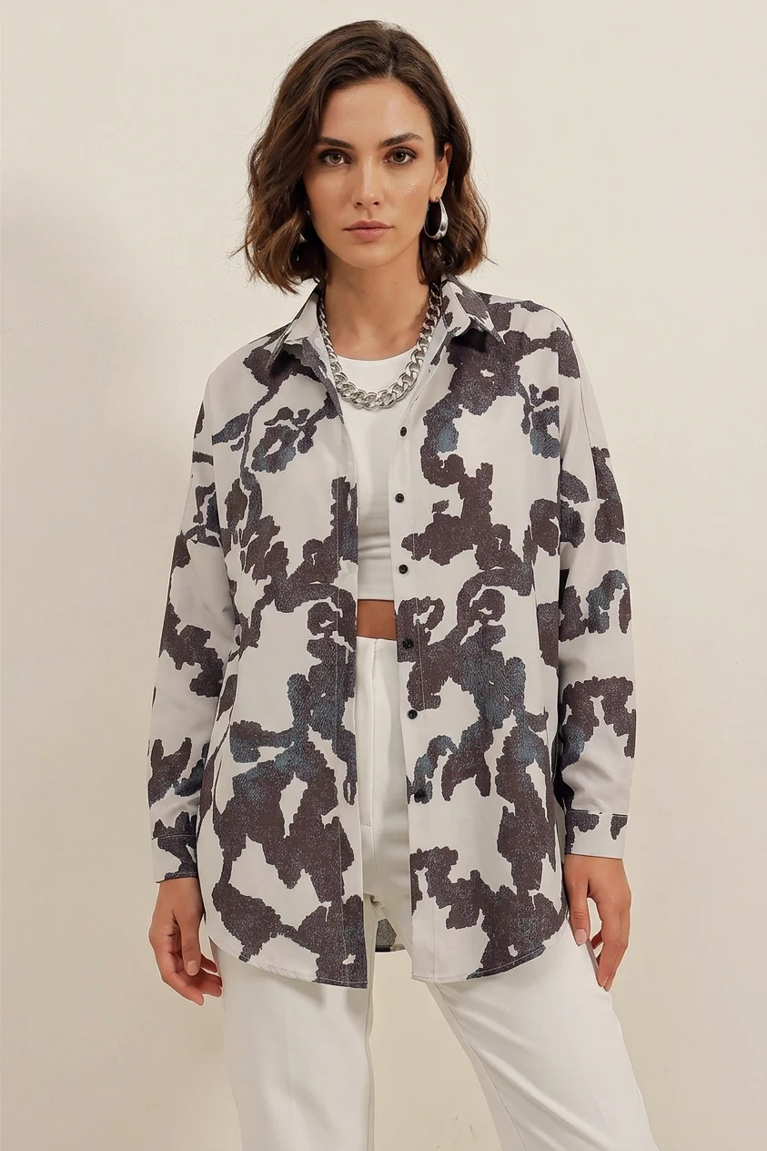  Kadın Basic Oversize Desenli Pamuklu Siyah Gömlek 