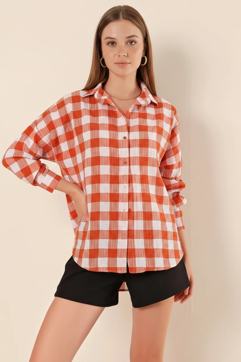  Kadın Kareli Desen Basic Oversize Pamuklu Taba Gömlek 