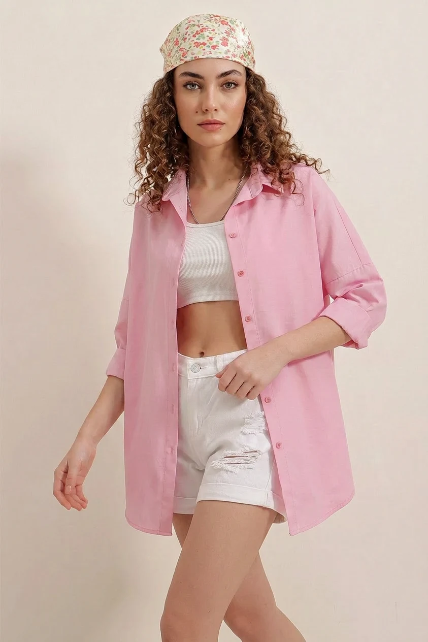  Kadın Oversize Basic Pamuklu Pembe Gömlek 
