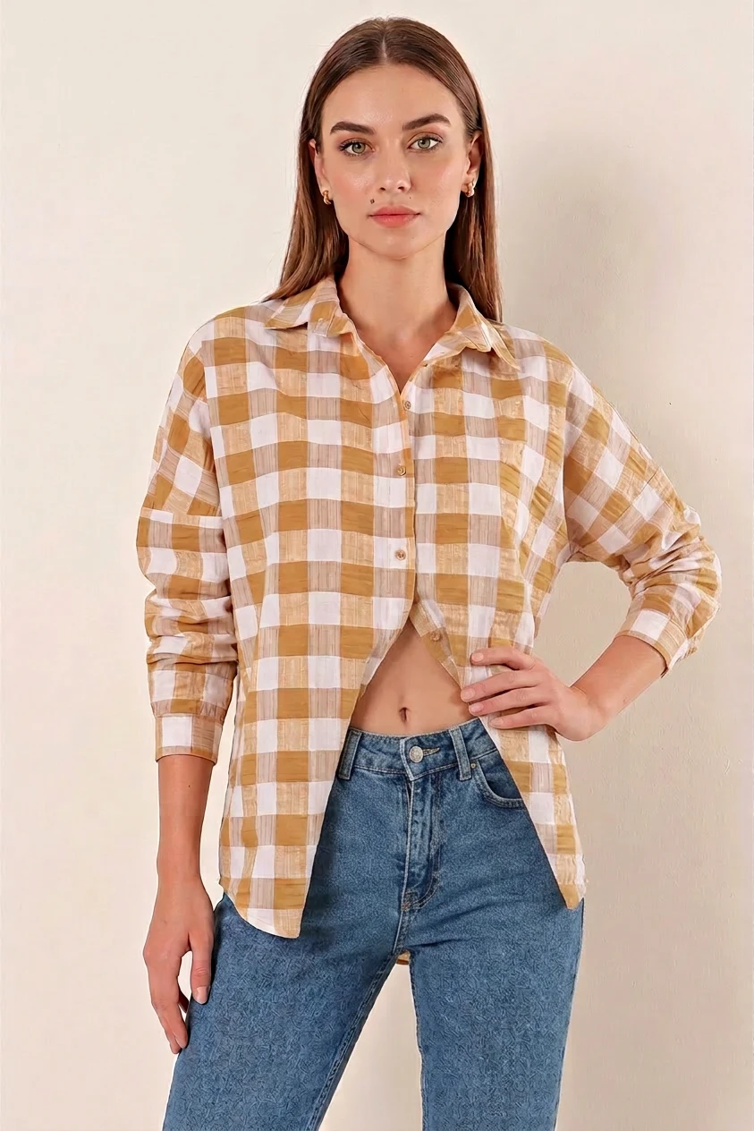  Kadın Kareli Desen Basic Oversize Pamuklu Vizon Gömlek 