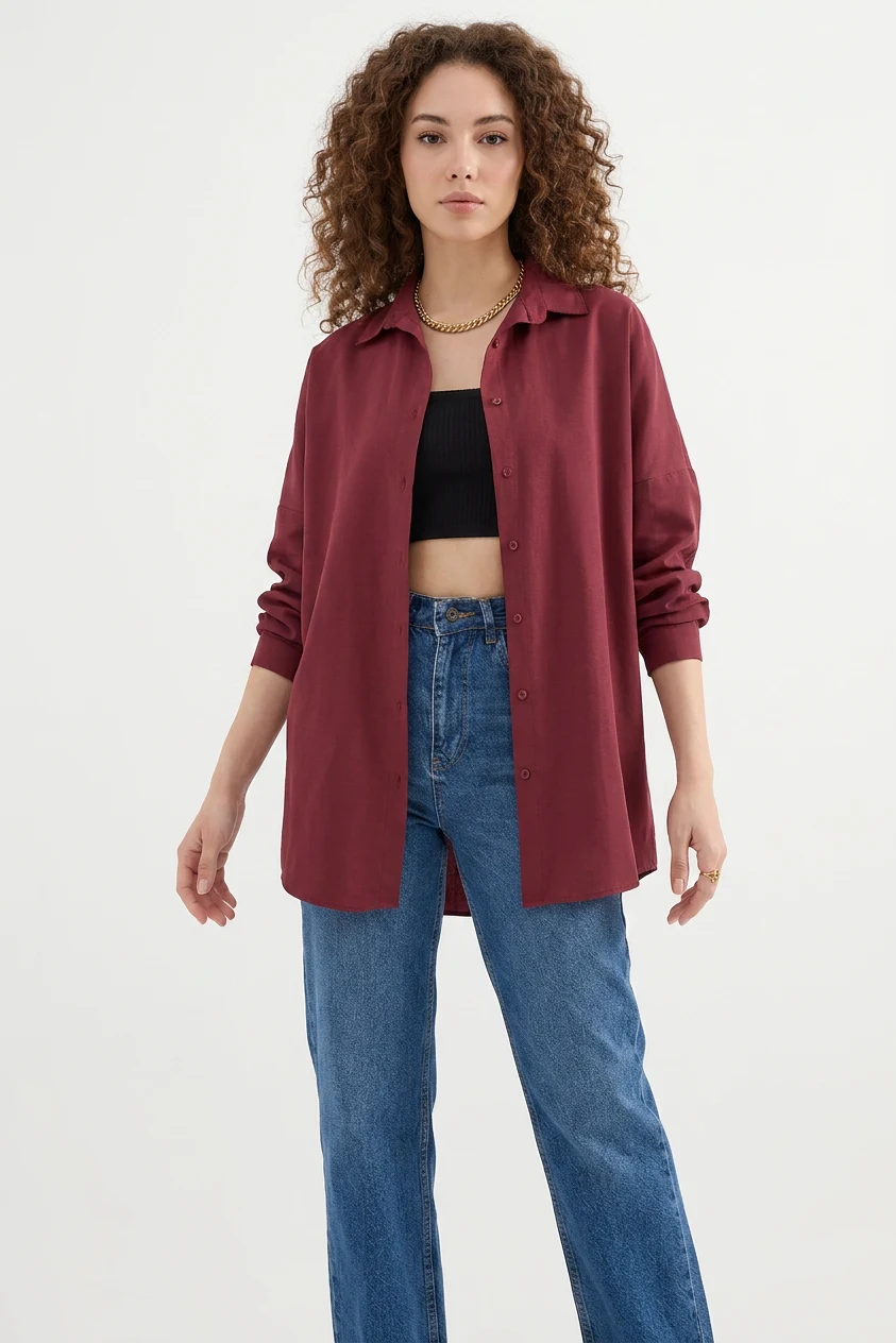 Kadın Oversize Basic Pamuklu Mürdüm Gömlek 