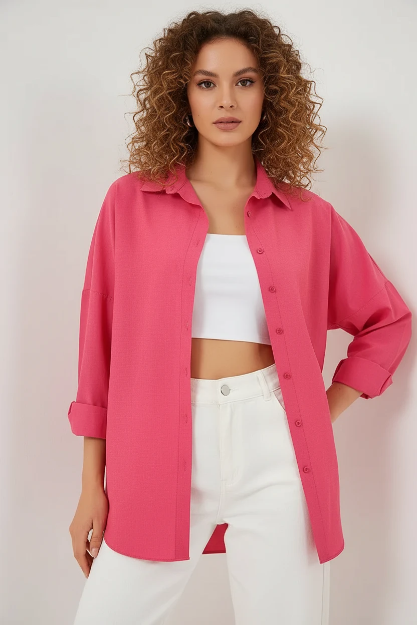  Kadın Oversize Kesim Basic Pamuklu Nar Gömlek 
