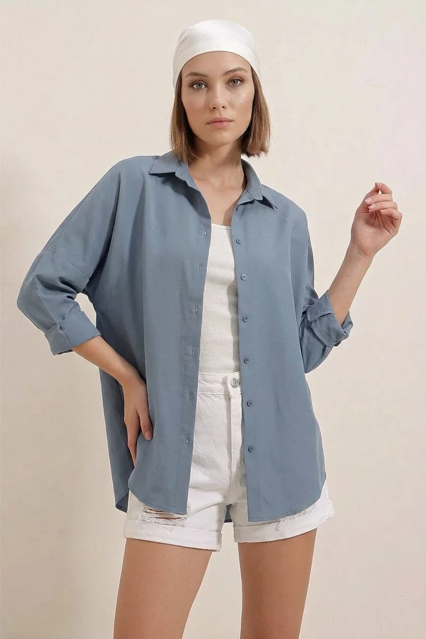  Kadın Oversize Basic Pamuklu İndigo Gömlek 