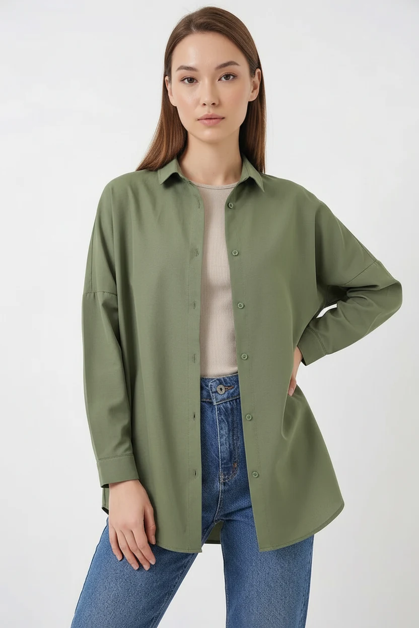  Kadın Oversize Kesim Basic Pamuklu Açık Haki Gömlek 