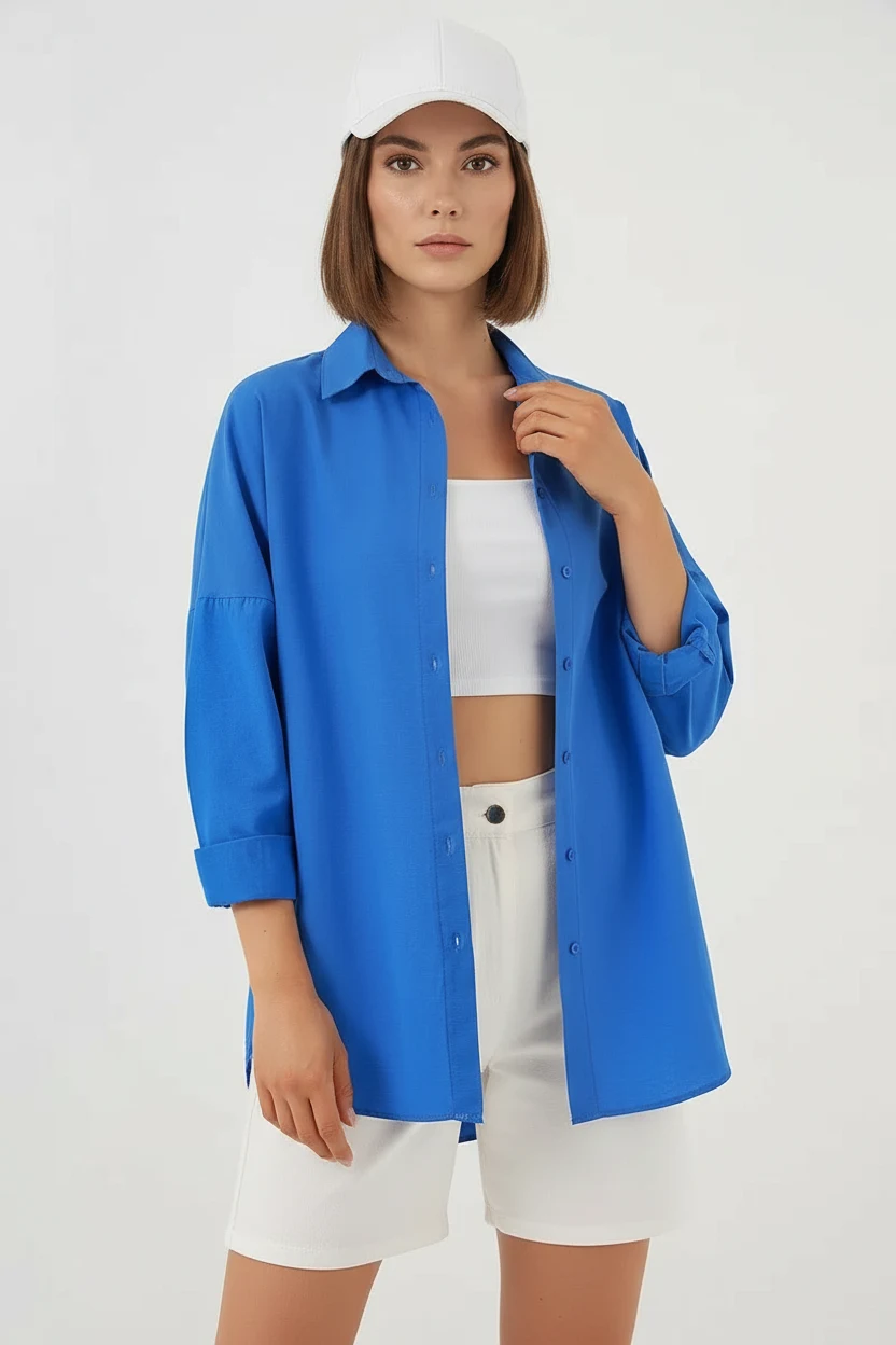  Kadın Uzun Kol Basic Oversize Pamuklu Mavi Gömlek 