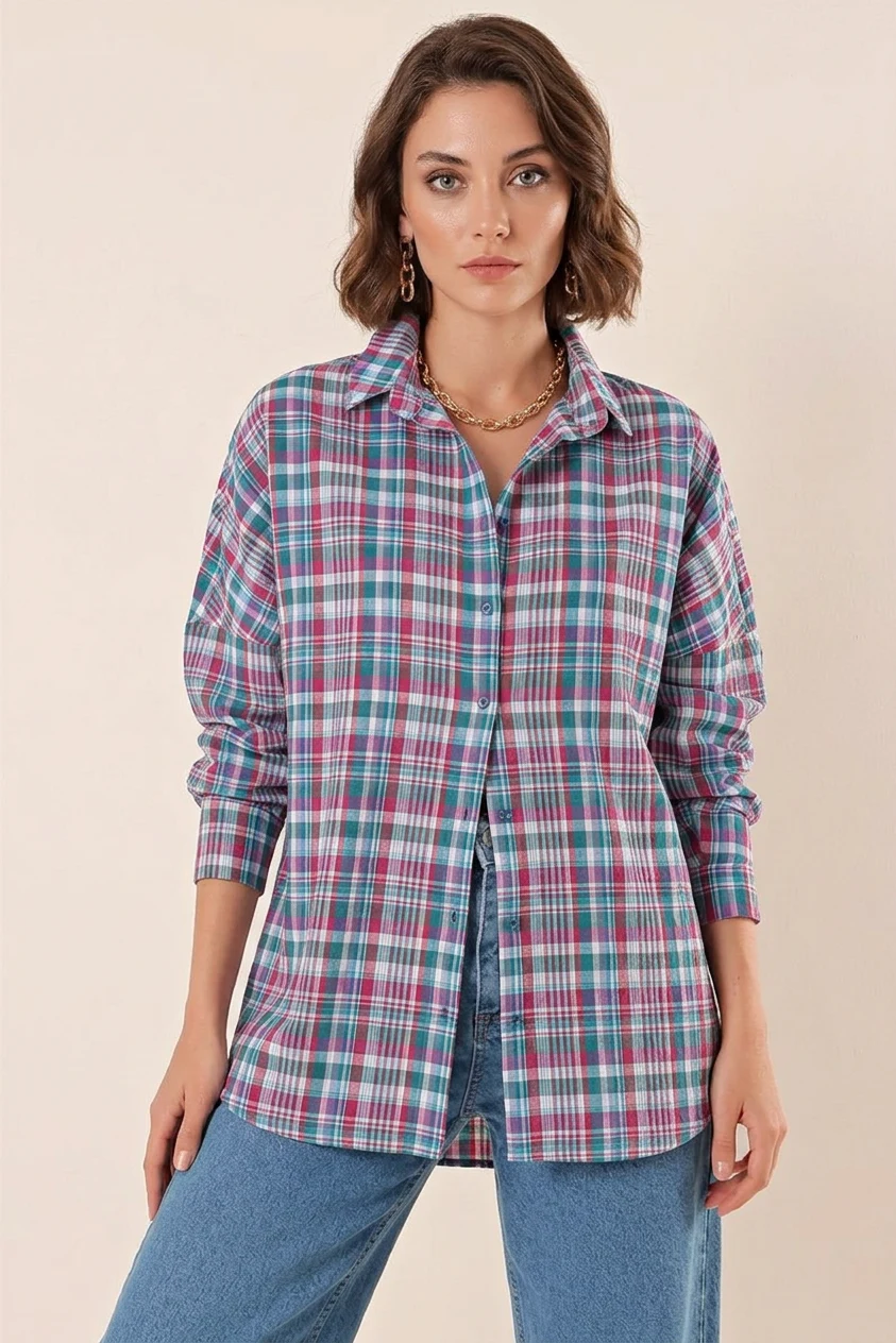  Kadın Kareli Desen Basic Oversize Pamuklu A. Kiremit Gömlek 