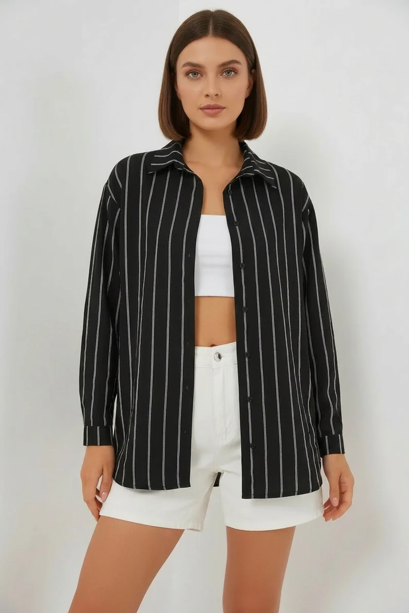  Kadın Basic Oversize Çizgili Pamuklu Siyah Gömlek 