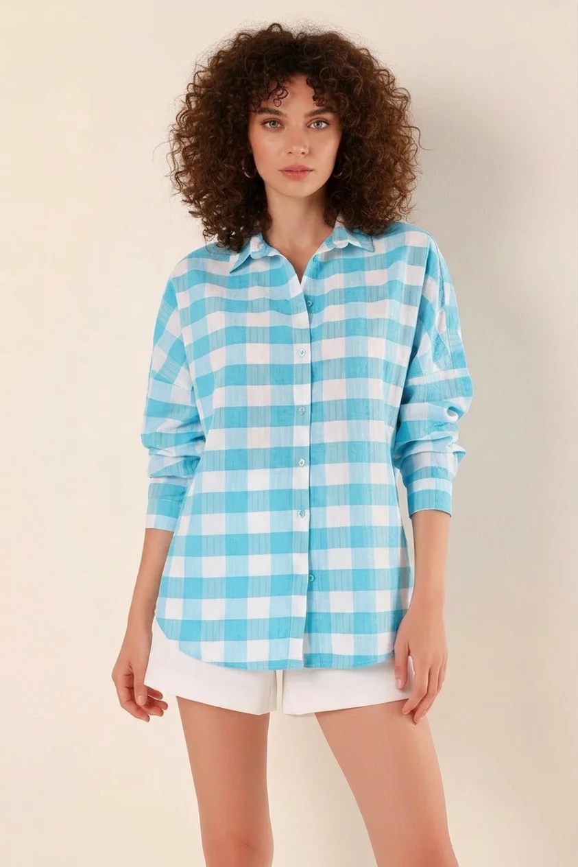 Kadın Kareli Desen Basic Oversize Pamuklu Mavi Gömlek 