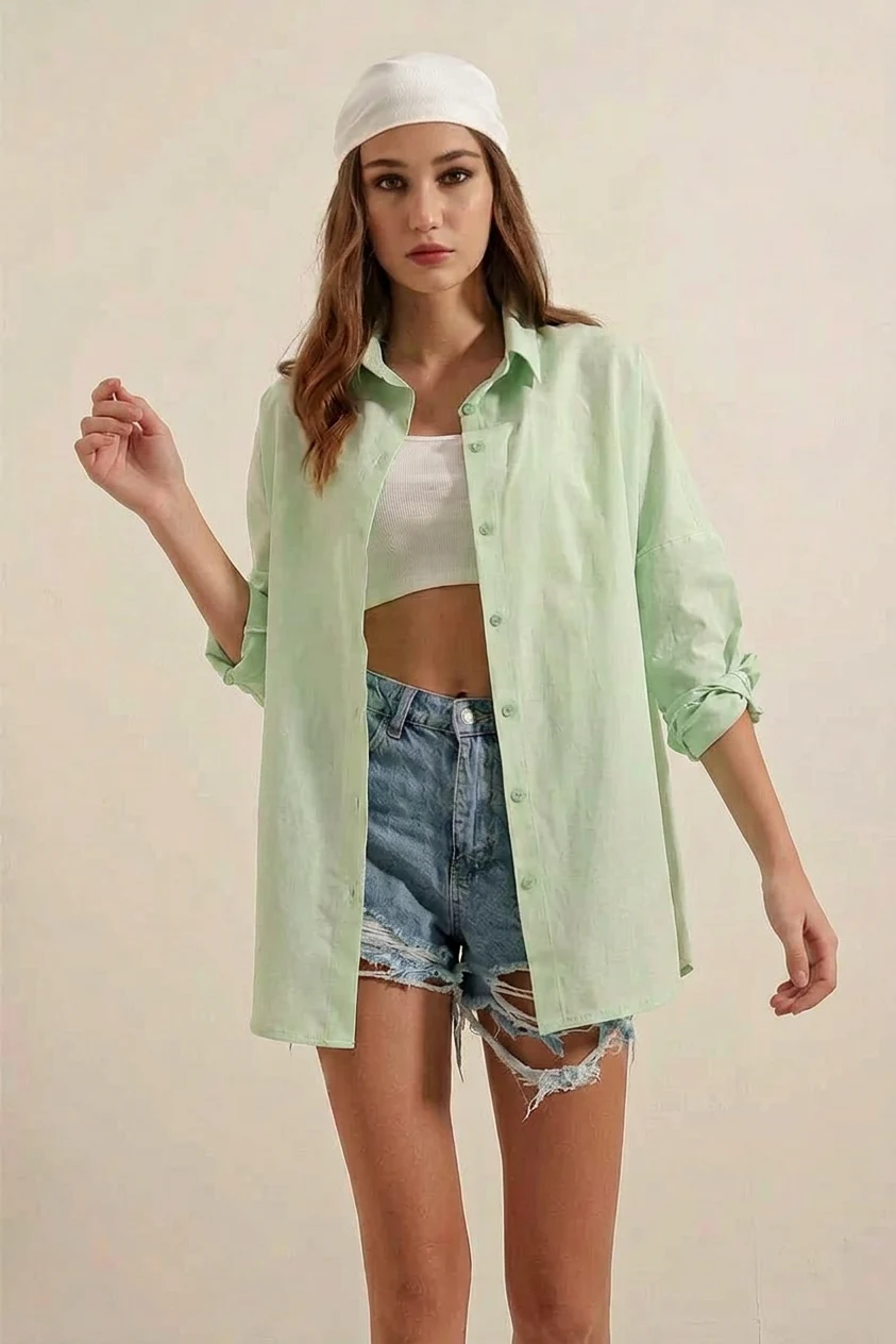  Kadın Uzun Kol Basic Oversize Pamuklu Çağla Yeşili Gömlek 
