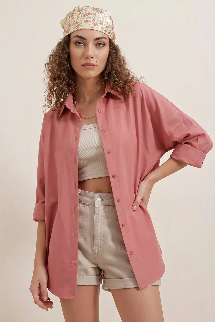  Kadın Geniş Kesim Basic Oversize Pamuklu Gül Kurusu Gömlek 