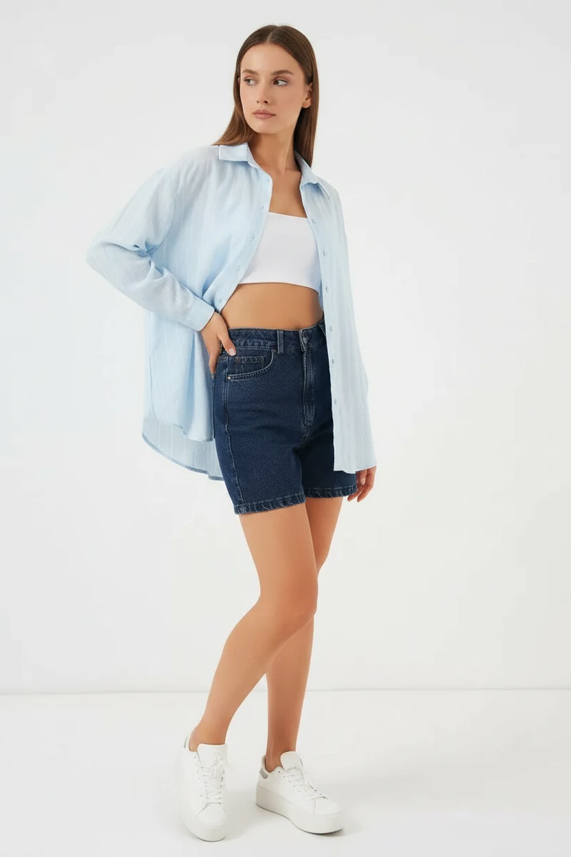  Kadın Basic Oversize Çizgili Pamuklu Mavi Gömlek 