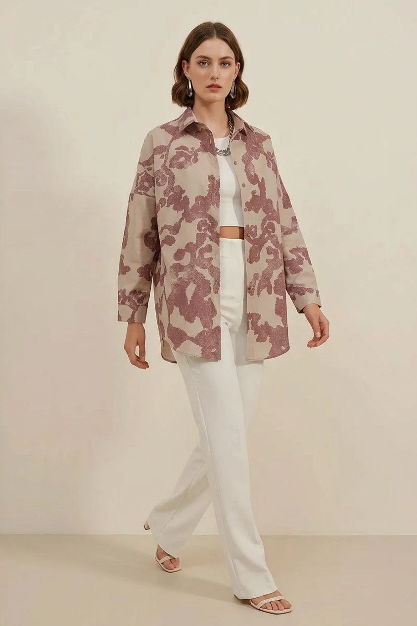 Kadın Basic Oversize Desenli Pamuklu Gül Kurusu Gömlek 